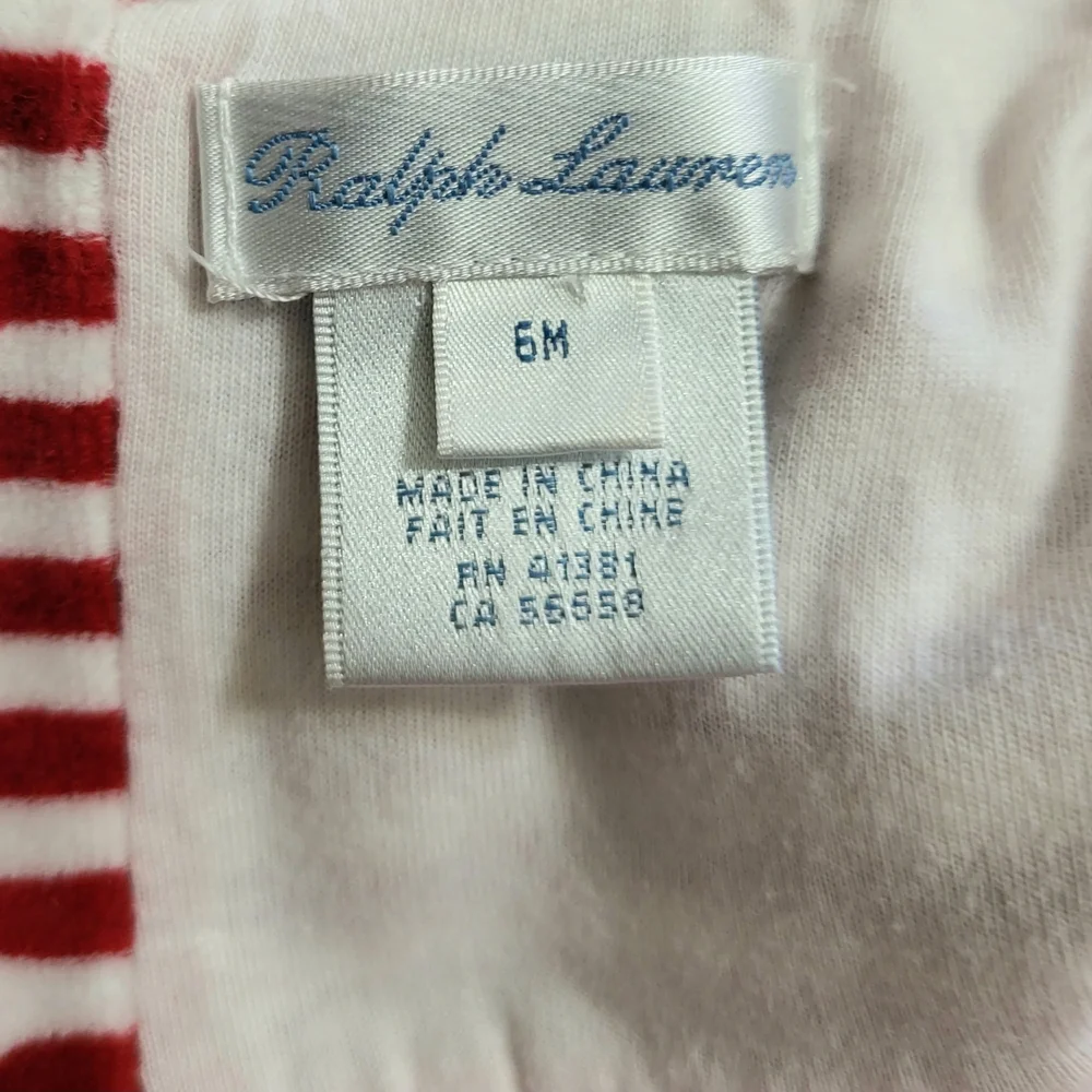 Ralph Lauren Girls Red & White Striped Velour Ruffled Neck Footed One Piece 6 Mo